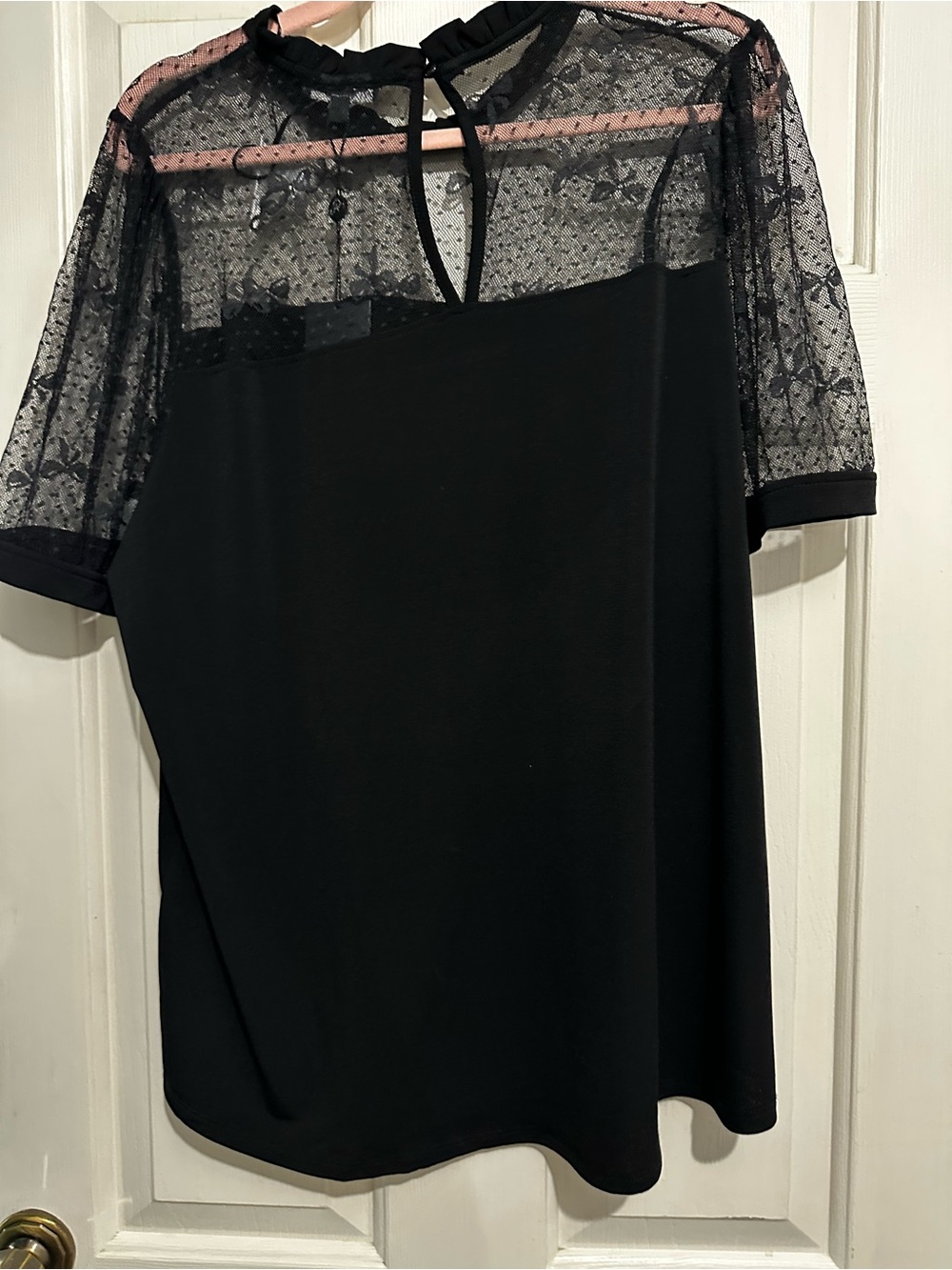 Adrianna Papell Black Sheer Dot Lace Blouse